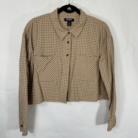 RSQ Women’s Cropped Flannel Shirt Plaid Brown Tan Long Sleeves - Picture 2 of 8